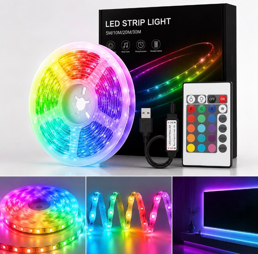 Ruban LED RGB USB avec Télécommande IR – 5m / 10m / 20m / 30m – Éclairage Multicolore pour Chambre, TV et Gaming