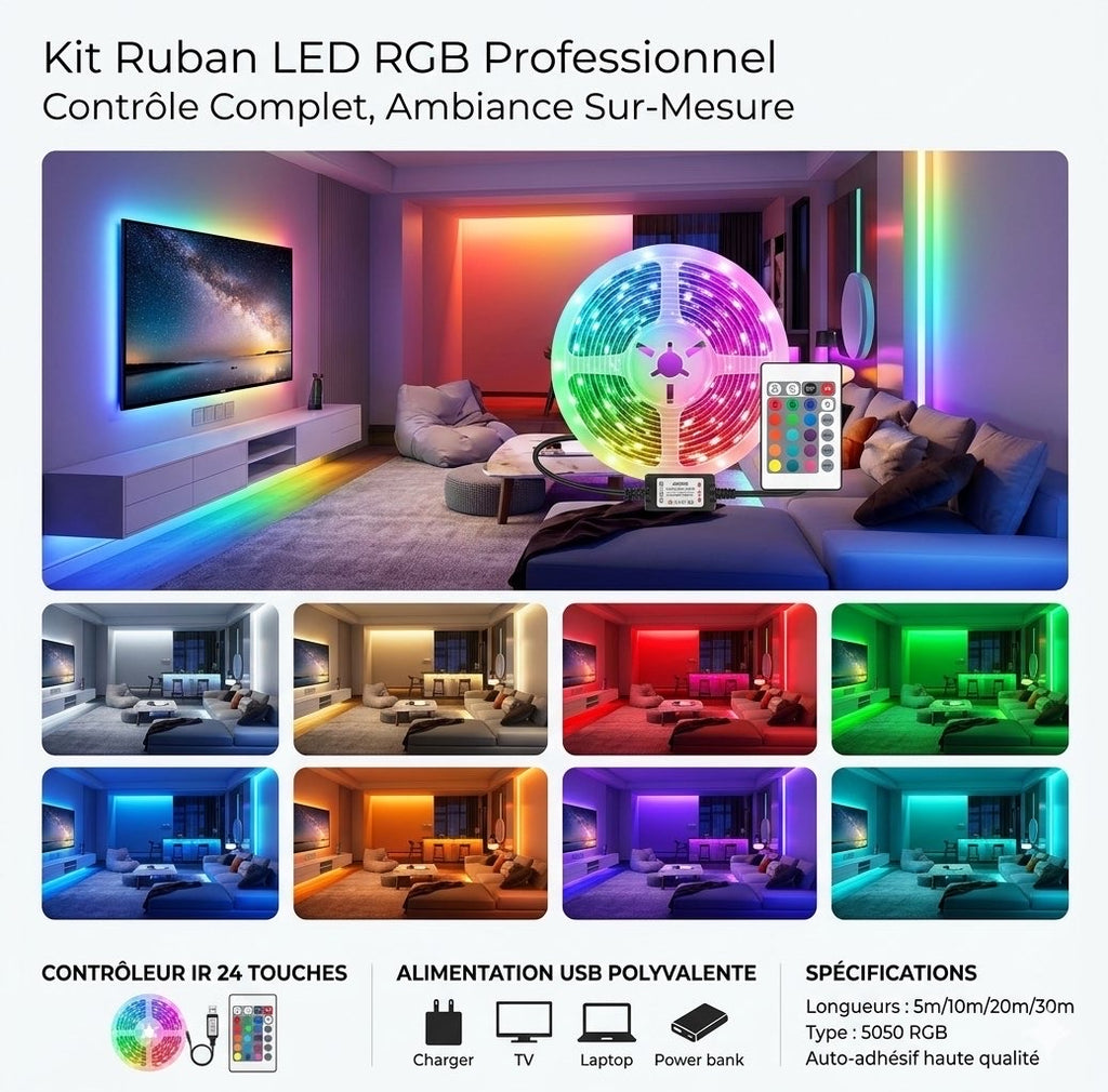 Ruban LED RGB USB avec Télécommande IR – 5m / 10m / 20m / 30m – Éclairage Multicolore pour Chambre, TV et Gaming