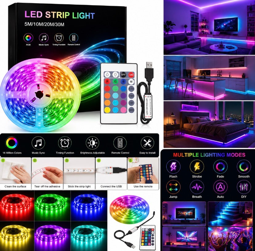 Ruban LED RGB USB avec Télécommande IR – 5m / 10m / 20m / 30m – Éclairage Multicolore pour Chambre, TV et Gaming